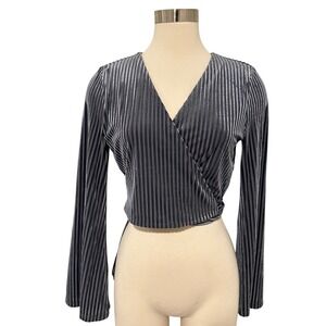 J.O.A. Velvet Ribbed Wrap Crop Top Womens S Gray Bell‎ Sleeve Y2K Going Out